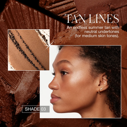 Product packaging for 'Tan Lines' with a focus on shade 03, featuring a close-up of a person's face and product texture.