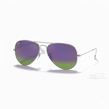 Ray-Ban Aviators RB3025 Flash Lens Mirrored Silver Purple Green, Silver Frame 58mm Lens