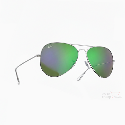 Ray-Ban Aviators RB3025 Flash Lens Mirrored Silver Purple Green, Silver Frame 58mm Lens