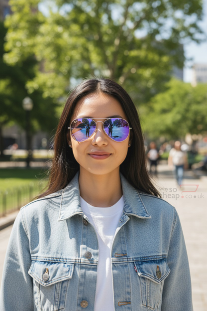 Ray-Ban Aviators RB3025 Flash Lens Mirrored Silver Purple Green, Silver Frame 58mm Lens