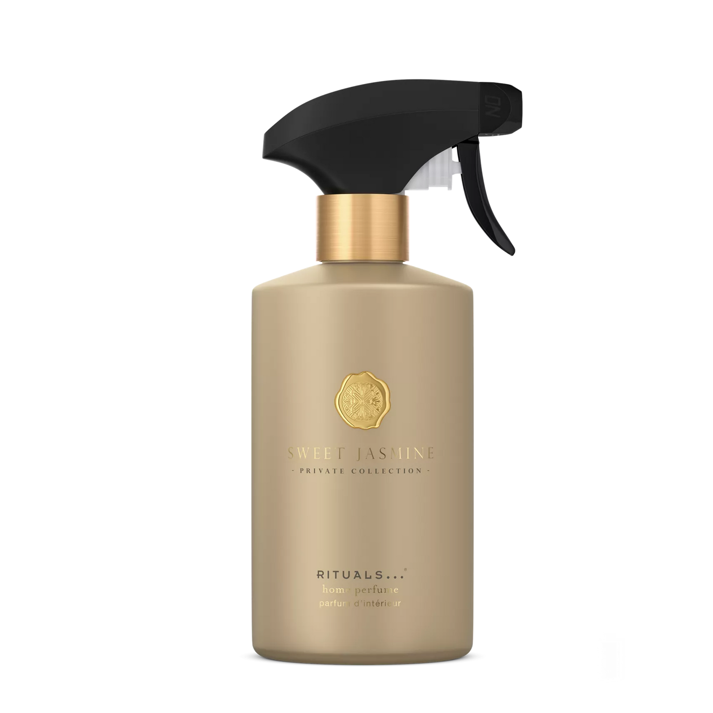 A Rituals London perfume spray bottle by Nuit Jasmin, featuring a matte champagne-gold bottle, a gold collar, and a black trigger spray nozzle, set against a solid white background.