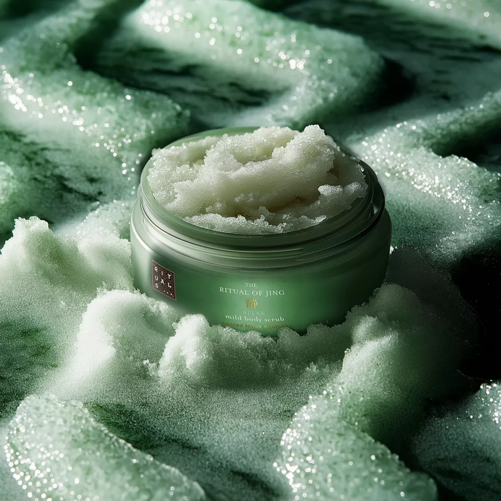 Green jar of body scrub on a textured green surface