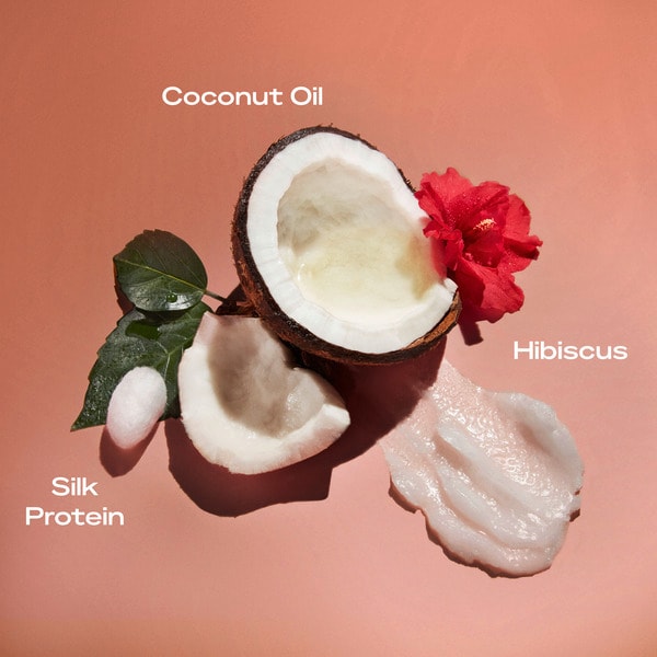 Coconut, hibiscus flower, and silk protein on a peach background with text labels.