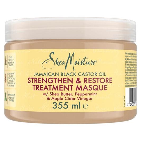 A 355 ml plastic jar of SheaMoisture Jamaican Black Castor Oil Strengthen & Restore Treatment Masque, featuring a pale yellow label and a translucent white lid, set against a plain white background.