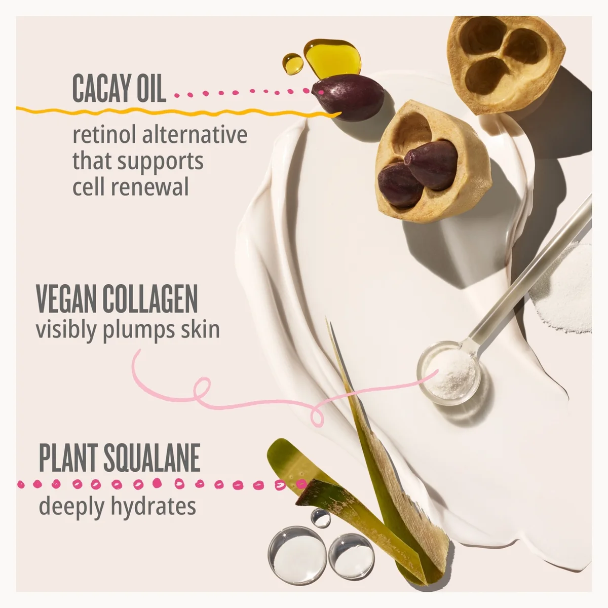 Product packaging with ingredients and benefits listed on a white background