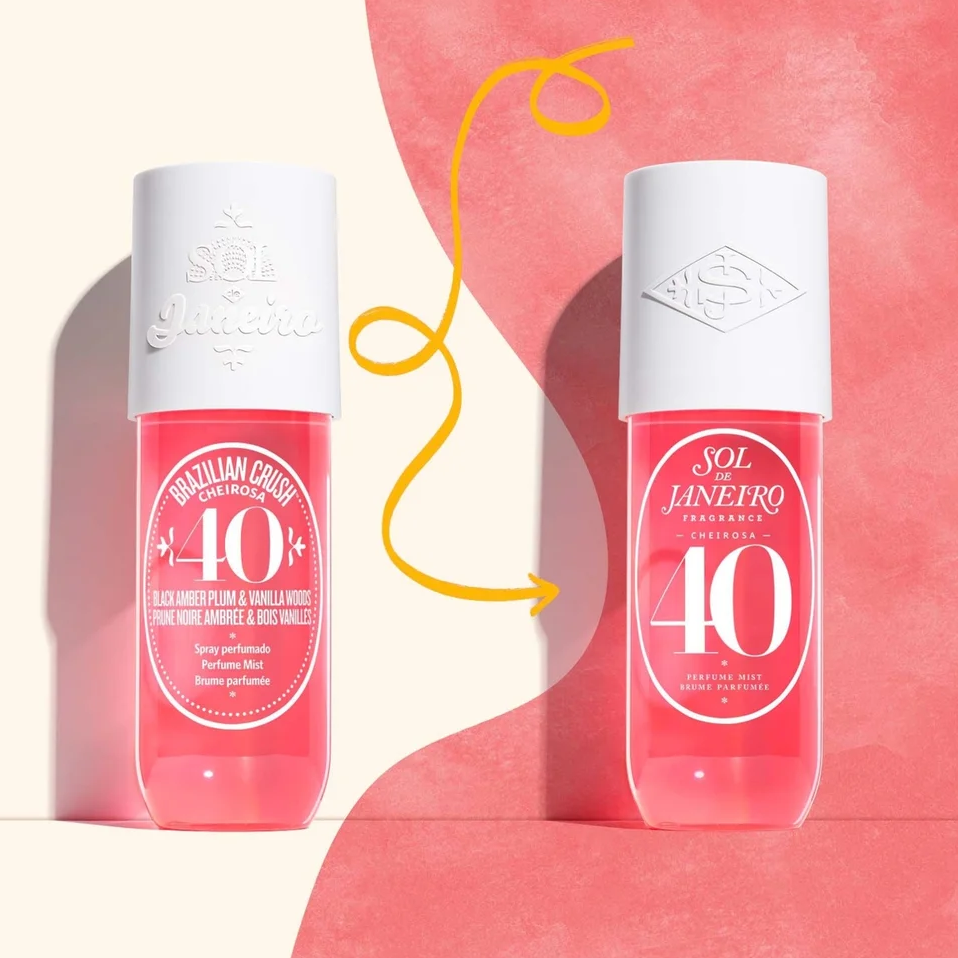 Two bottles of Sol de Janeiro sunscreen, one labeled 'Máxima Proteção' and the other 'Sol de Janeiro Proteção Solar 40+', displayed side-by-side on a split cream and coral background with a yellow arrow between them.