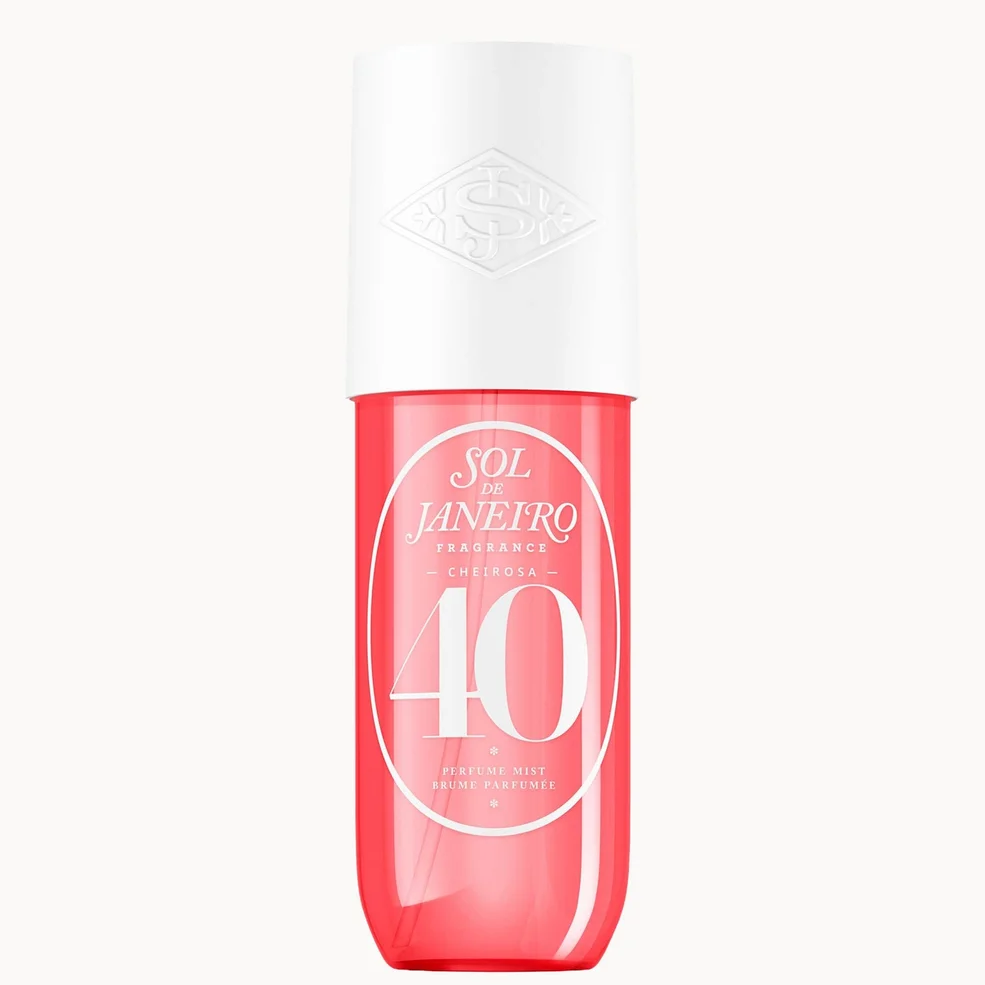 A bottle of Sol Janeiro Preservante Sunscreen Luminosa 40 sunscreen in a translucent coral pink bottle with a white cap, centered on a light off-white background.