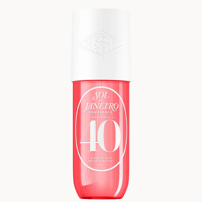 A bottle of Sol Janeiro Preservante Sunscreen Luminosa 40 sunscreen in a translucent coral pink bottle with a white cap, centered on a light off-white background.