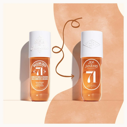 Two bottles of Sol de Janeiro Melhora a Lámina 71 hair product shown side by side on a beige and peach abstract background.