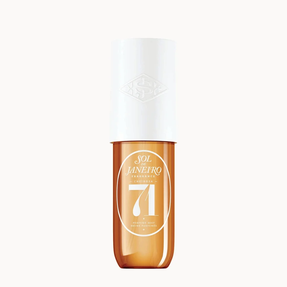 An amber glass bottle of Sol-de-Janeiro-Cheirosa 71 body and hair mist with a white cap, centered on a light off-white background.