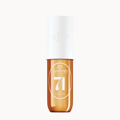 An amber glass bottle of Sol-de-Janeiro-Cheirosa 71 body and hair mist with a white cap, centered on a light off-white background.