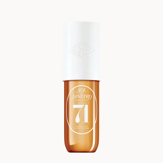 An amber glass bottle of Sol-de-Janeiro-Cheirosa 71 body and hair mist with a white cap, centered on a light off-white background.