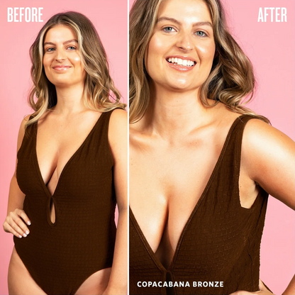 Before and after comparison of a woman wearing a deep V-neck one-piece swimsuit in a warm brown shade, labeled 'COPACABANA BRONZE', against a solid pink background.
