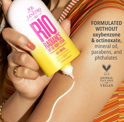 Rio Radiance sunscreen lotion being applied to a person's arm with product details.