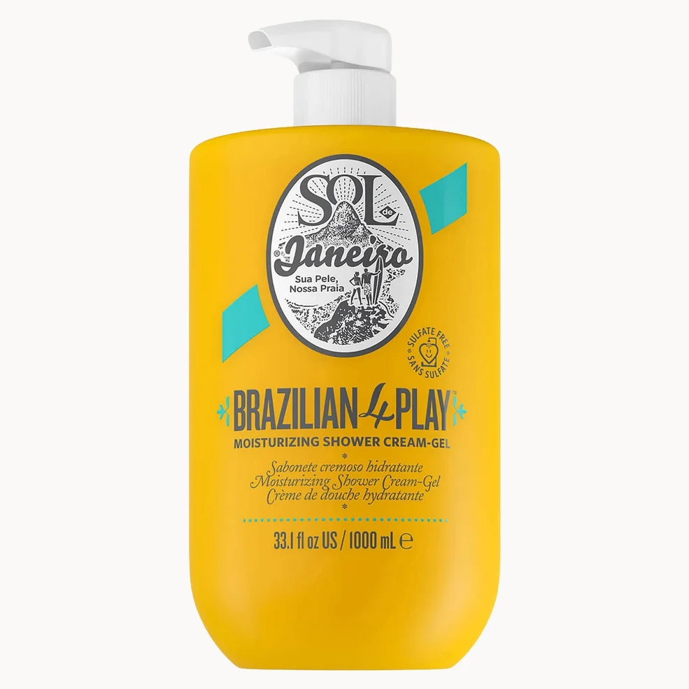 a yellow bottle of Sol de Janeiro Brazilian 4 Play Moisturizing Shower Cream-Gel 1L on white background