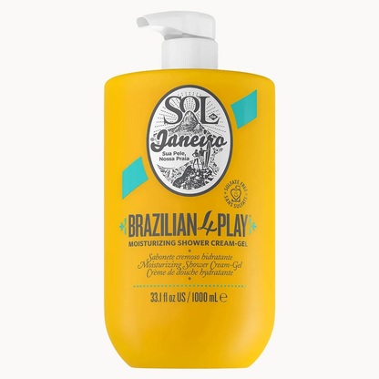 a yellow bottle of Sol de Janeiro Brazilian 4 Play Moisturizing Shower Cream-Gel 1L on white background