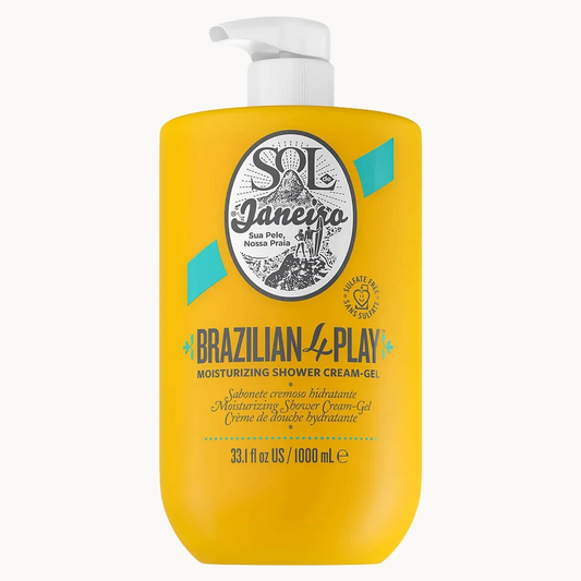 a yellow bottle of Sol de Janeiro Brazilian 4 Play Moisturizing Shower Cream-Gel 1L on white background