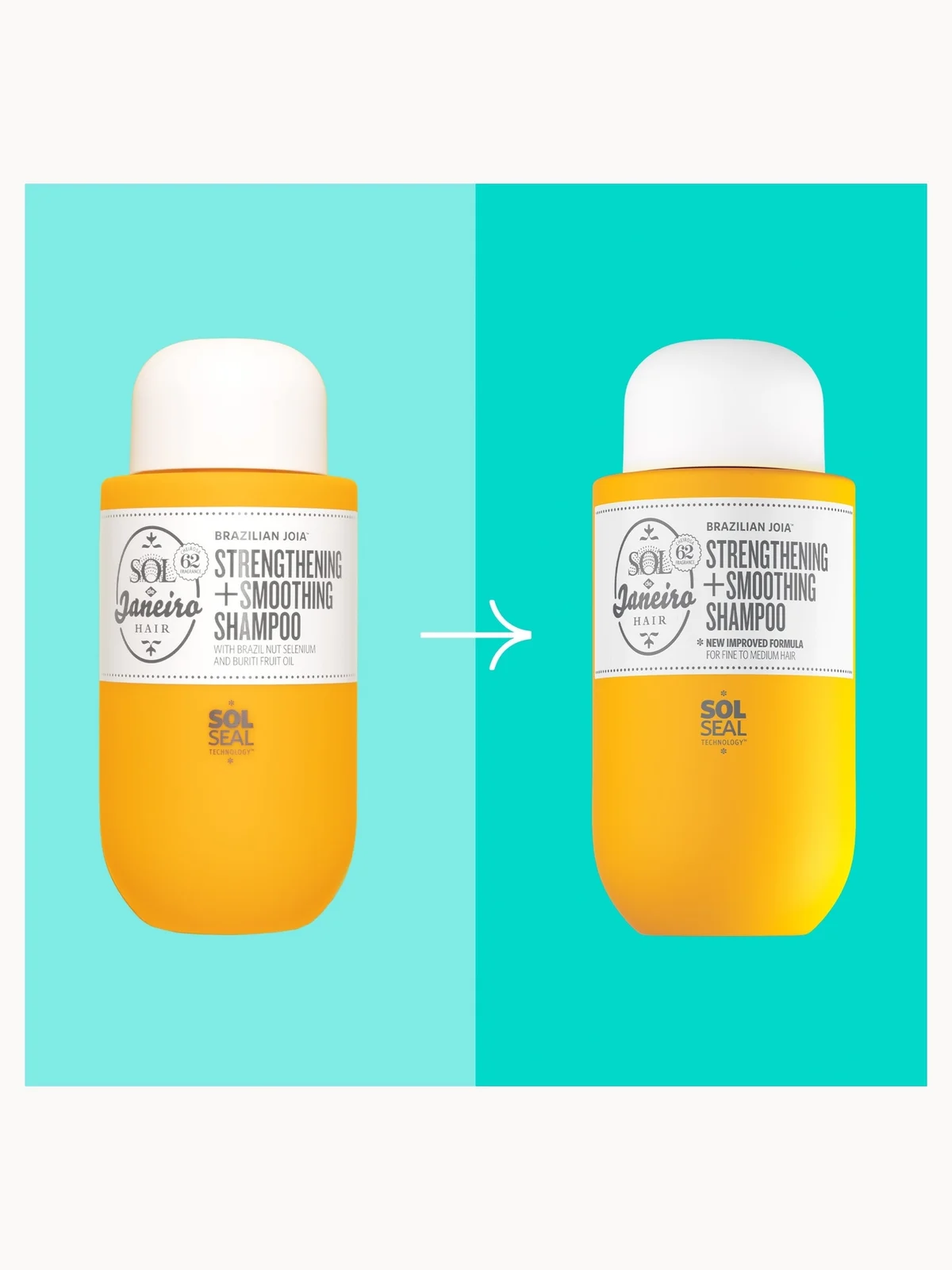 Two bottles of Sol de Janeiro shampoo on a teal background