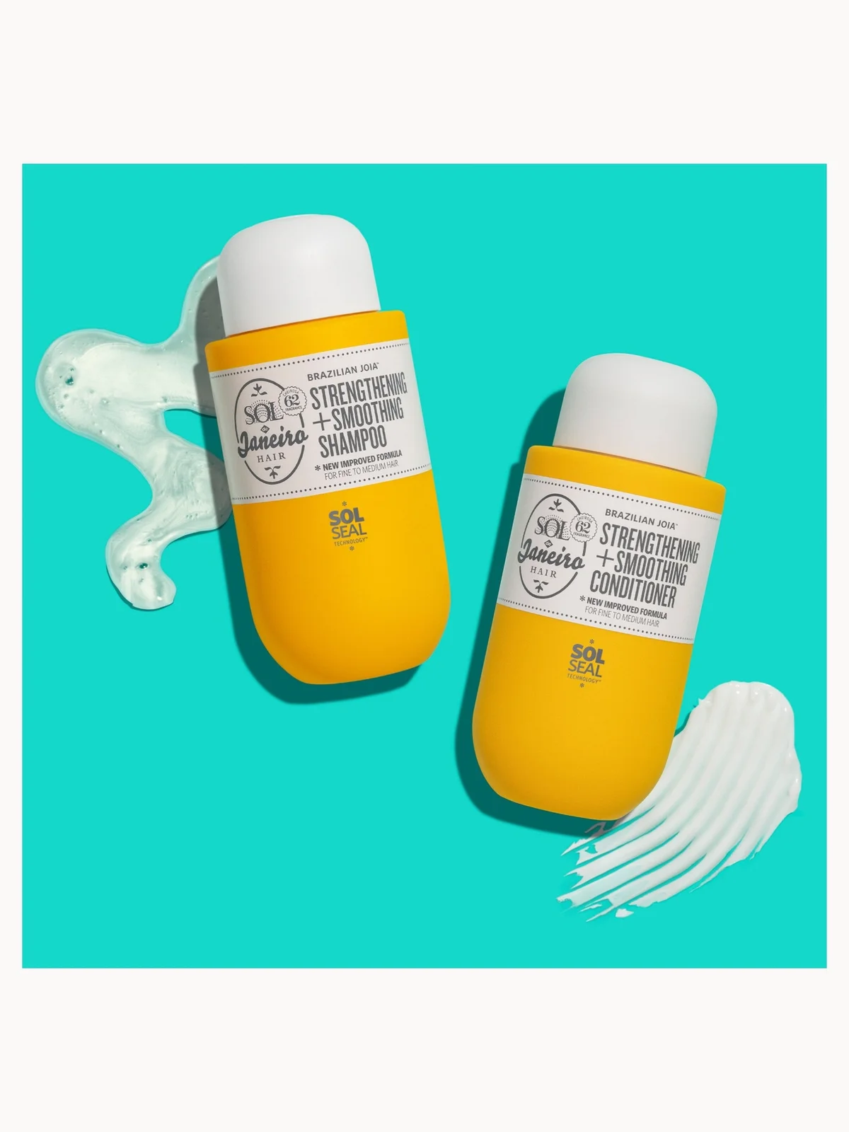 Yellow shampoo and conditioner bottles with white caps on a teal background