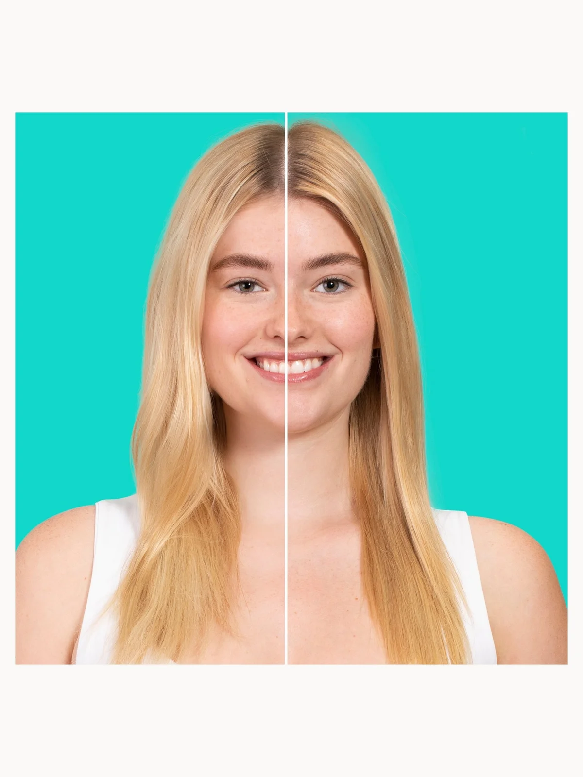 Side-by-side comparison of a woman with blonde hair against a teal background