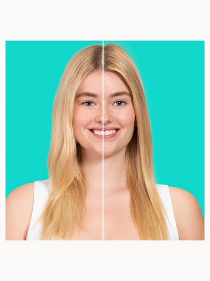 Side-by-side comparison of a woman with blonde hair against a teal background