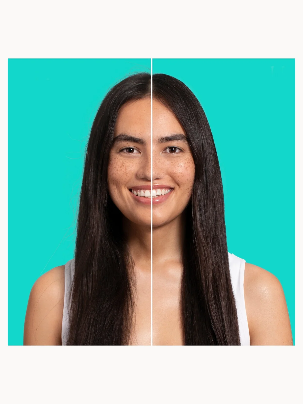 Before and after comparison of a woman with long dark hair on a teal background