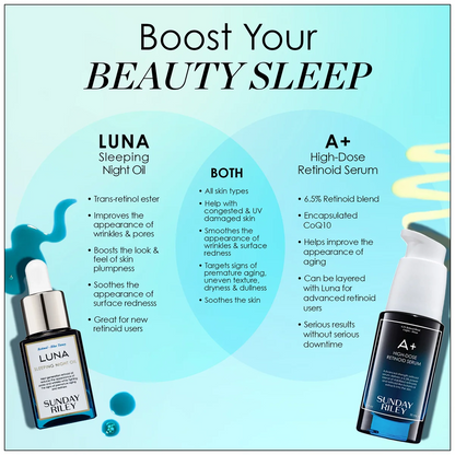 A promotional graphic for Sunday Riley skincare on a light blue background. The headline reads 'Boost Your BEAUTY SLEEP' with two product bottles shown at the bottom corners and bullet points describing 'LUNA Sleeping Night Oil' and 'A+ High-Dose Retinoid Serum'.