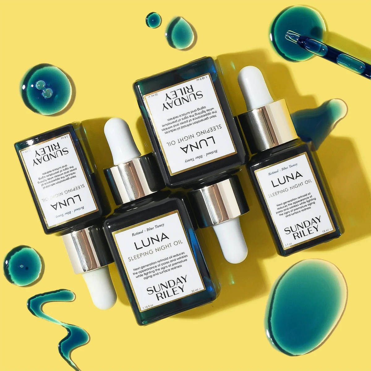 Sunday Riley Luna skincare products on a yellow background