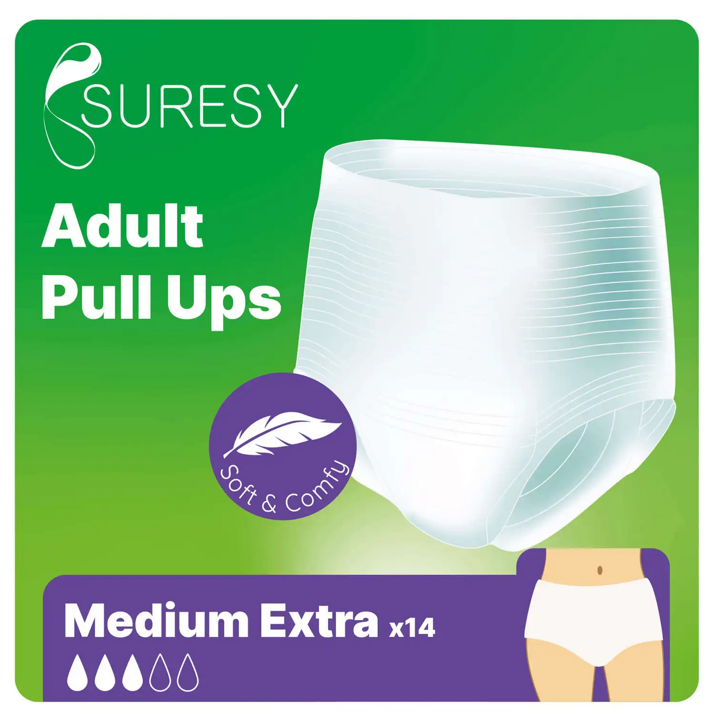 Suresy adult pull-ups packaging with a green and purple design.