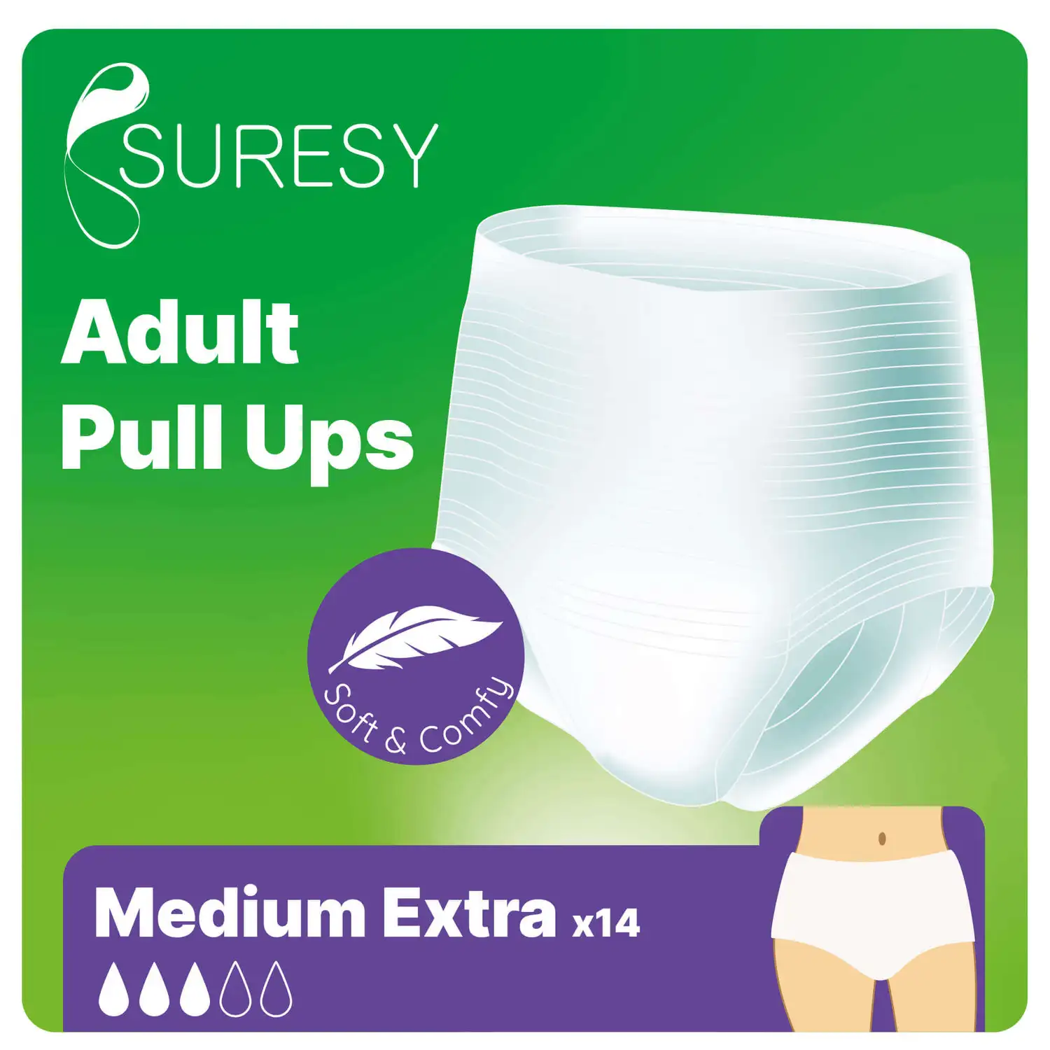 Suresy adult pull-ups packaging with a green and purple design.
