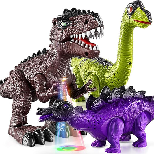 TEMI 3 Pack Electric Walking Dinosaur Toys with Roar Sounds and Lights, Realistic Robot T-rex for Toddler