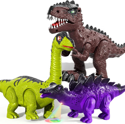 TEMI 3 Pack Electric Walking Dinosaur Toys with Roar Sounds and Lights, Realistic Robot T-rex for Toddler