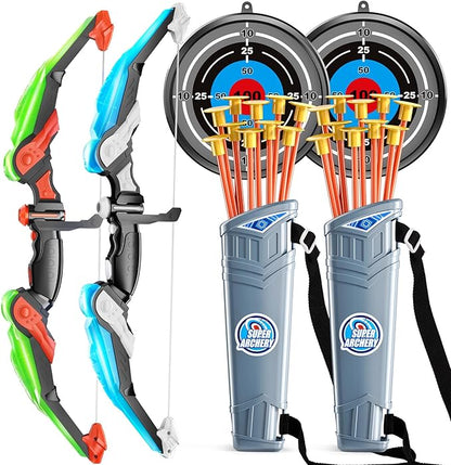 TEMI LED Bow and Arrow Set for Kids – 2 Bows, 20 Suction Arrows, Quivers & Targets – Light-Up Archery Toy for Boys & Girls Ages 3–12 – Outdoor Game