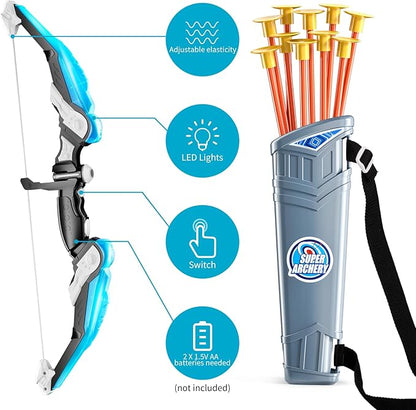 TEMI LED Bow and Arrow Set for Kids – 2 Bows, 20 Suction Arrows, Quivers & Targets – Light-Up Archery Toy for Boys & Girls Ages 3–12 – Outdoor Game