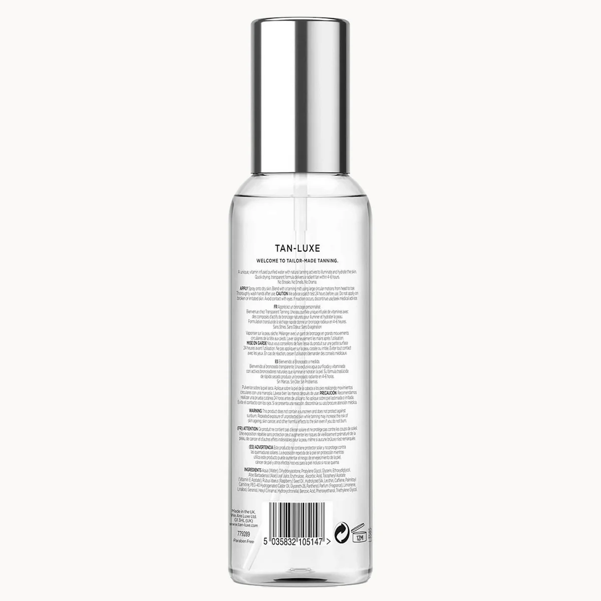 Tan-Luxe Welcoming You Body Tanining spray bottle, showing the back label and barcode on a clean white background.