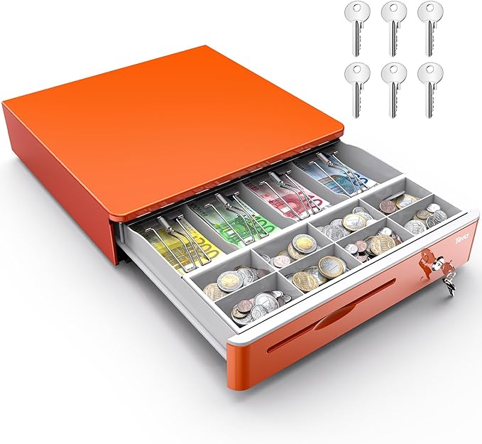 Tera Automatic 16-Inch Cash Drawer with Micro Switch, 5 Bill & 8 Coin Compartments - Orange