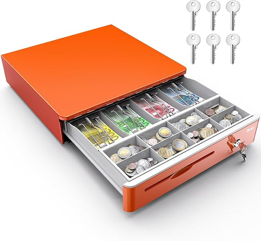 Tera Automatic 16-Inch Cash Drawer with Micro Switch, 5 Bill & 8 Coin Compartments - Orange