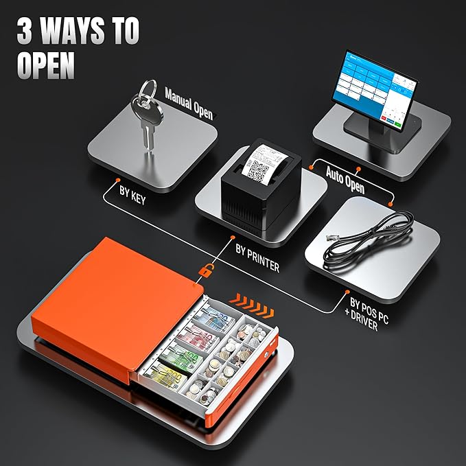 Tera Automatic 16-Inch Cash Drawer with Micro Switch, 5 Bill & 8 Coin Compartments - Orange