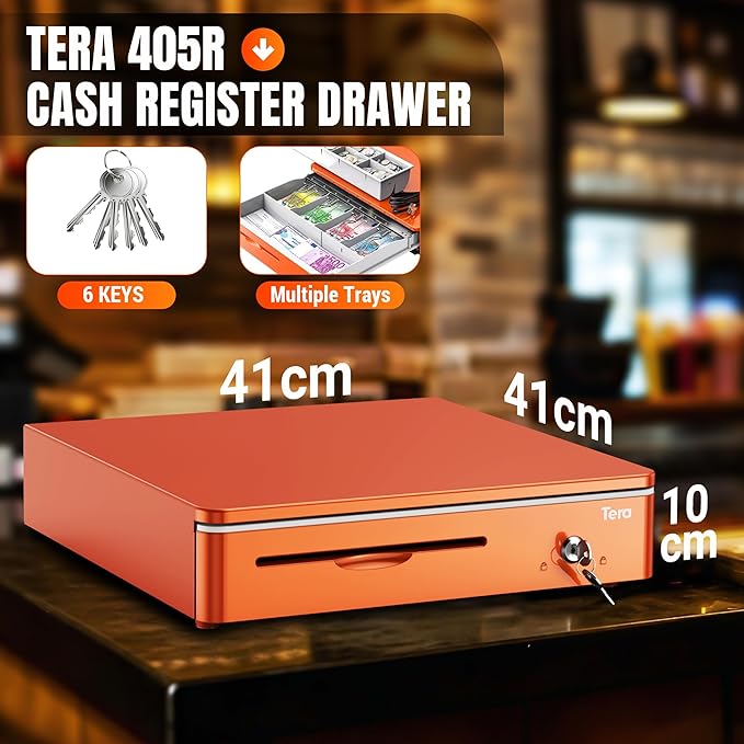 Tera Automatic 16-Inch Cash Drawer with Micro Switch, 5 Bill & 8 Coin Compartments - Orange