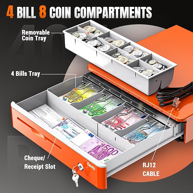 Tera Automatic 16-Inch Cash Drawer with Micro Switch, 5 Bill & 8 Coin Compartments - Orange