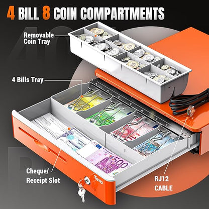 Tera Automatic 16-Inch Cash Drawer with Micro Switch, 5 Bill & 8 Coin Compartments - Orange