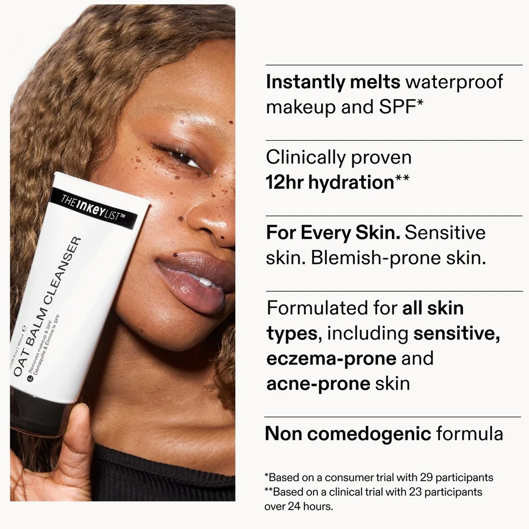 Person holding a skincare product with text about its features on a white background