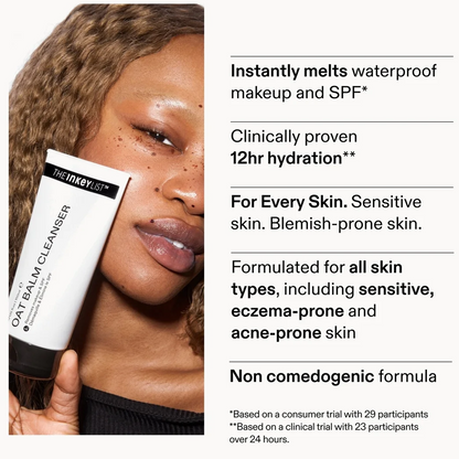 Person holding a skincare product with text about its features on a white background