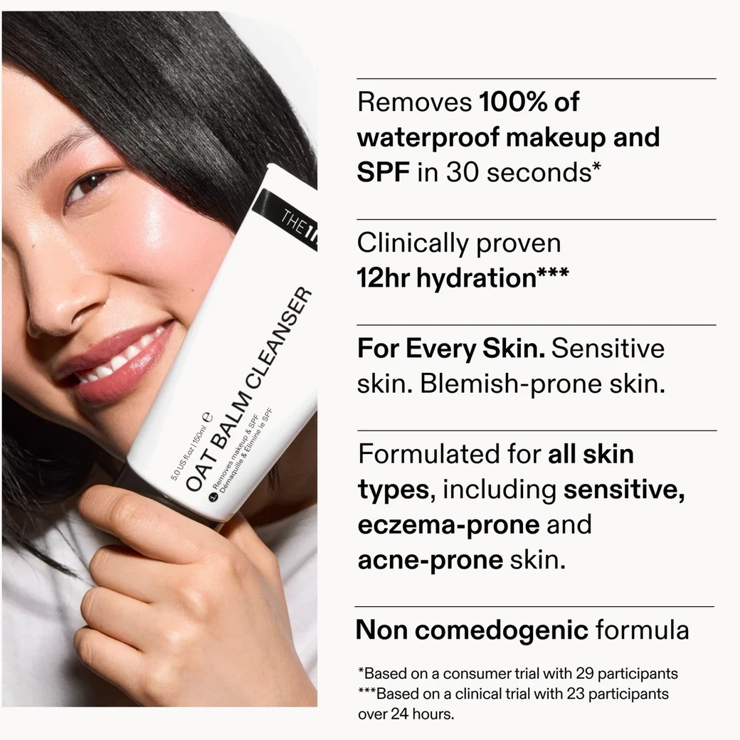 Woman holding a skincare product with text about its features on a white background