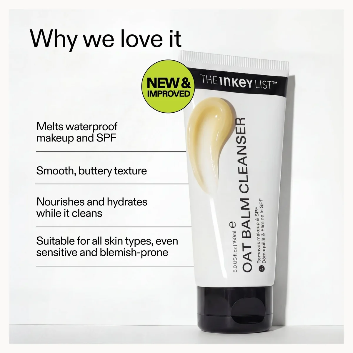 Oat balm cleanser with text highlighting its benefits on a white background