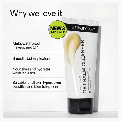 Oat balm cleanser with text highlighting its benefits on a white background