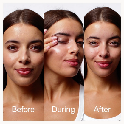 Before, during, and after process of a woman's face with close-up details.