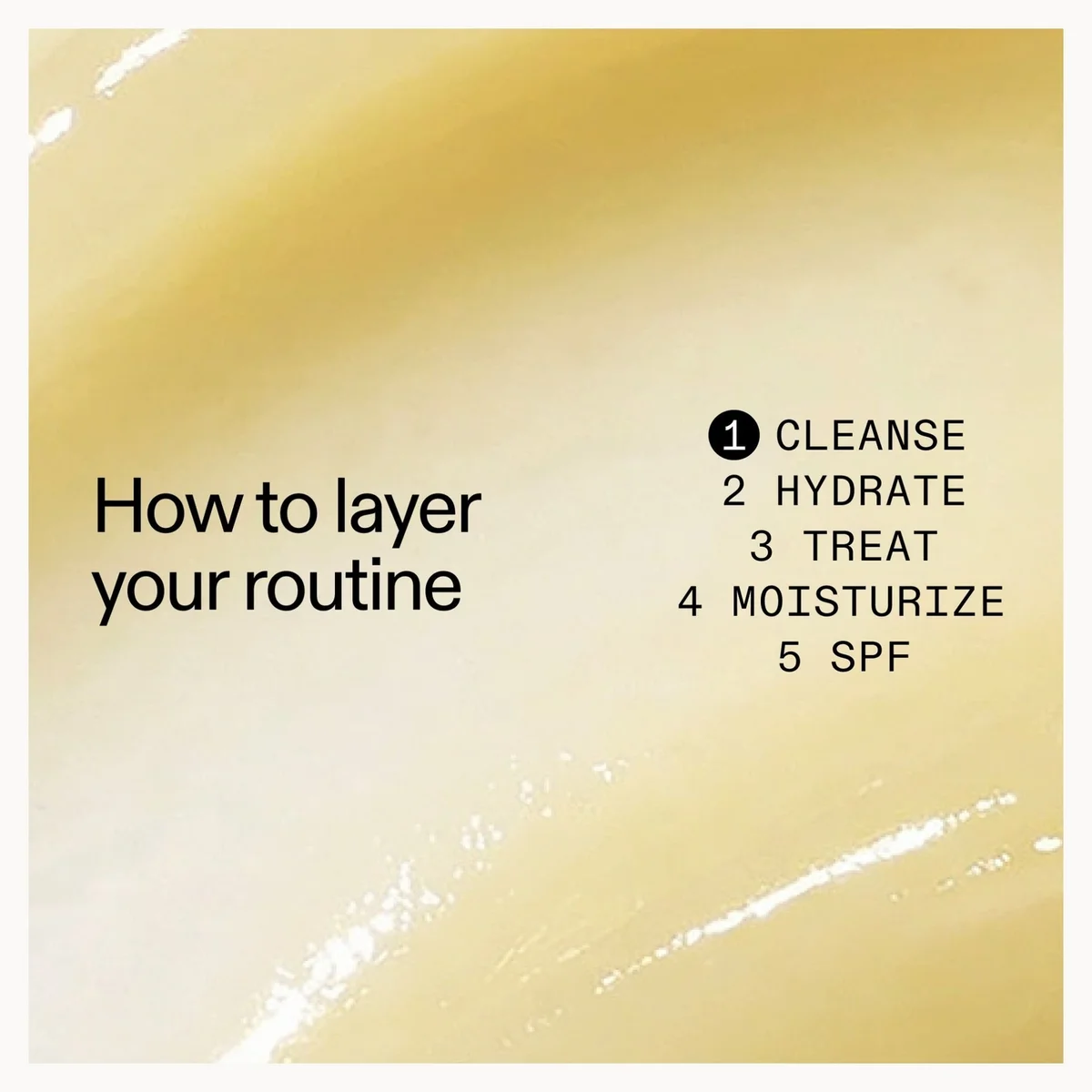Skincare routine steps on a gold and beige gradient background