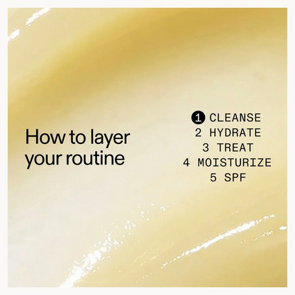 Skincare routine steps on a gold and beige gradient background