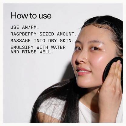 Woman applying product to her face with text on how to use it